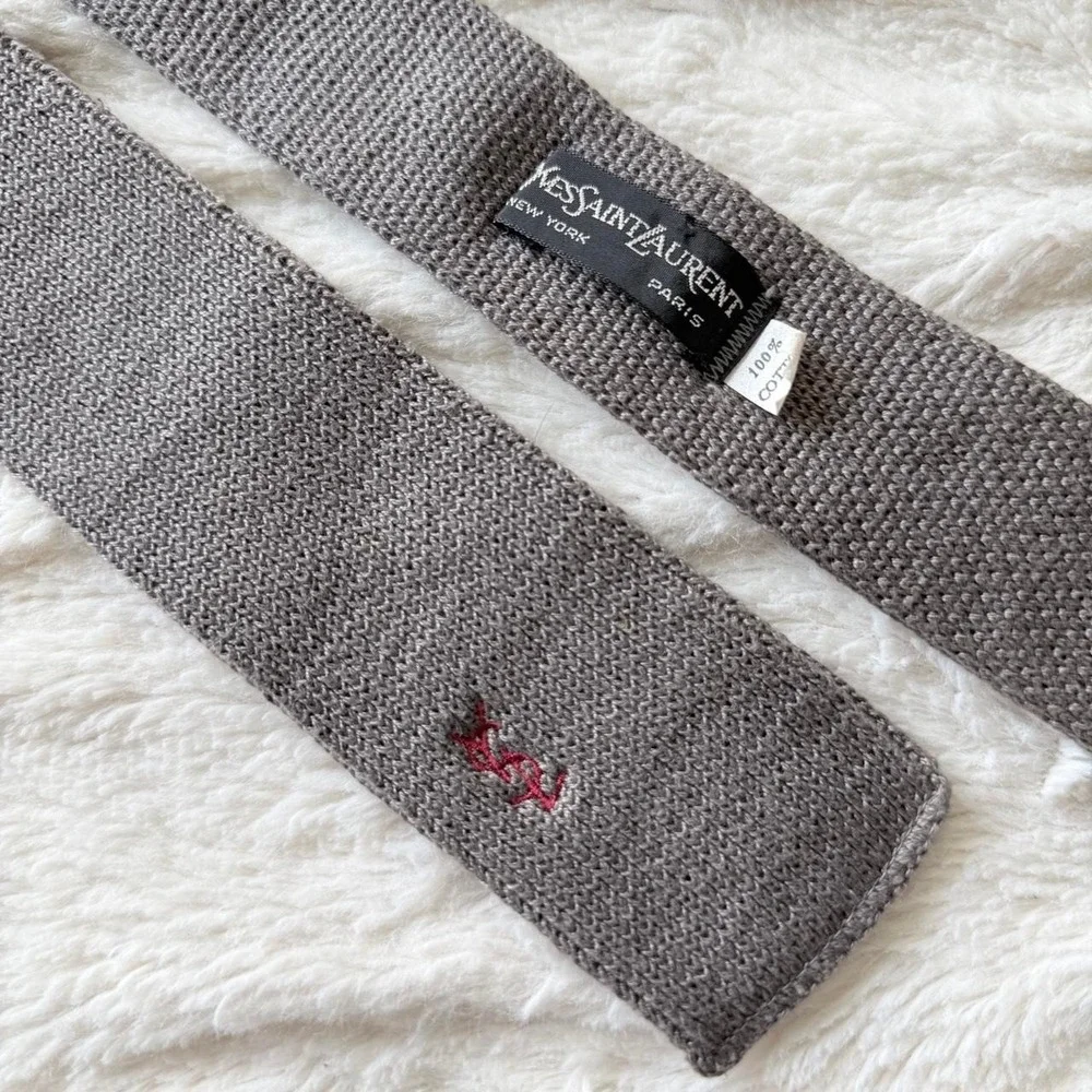 Yves Saint Laurent Men's Tie Gray Knit 100% Cotton Vintage YSL
